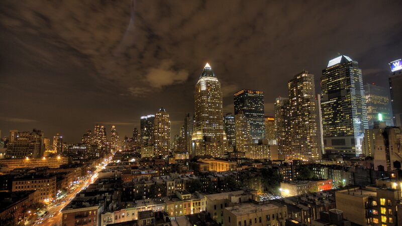Nighttime City Skyline — Black, Dramatic, Night, Photograph, Skyscrapers, Buildings, Clouds