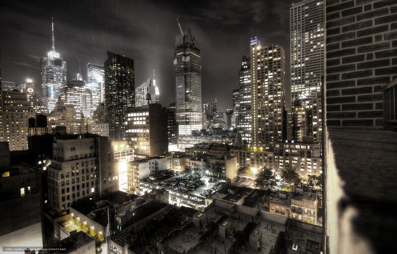 Nighttime City Skyline — Black, Dramatic, Night, Photograph, Skyscrapers, Construction Cranes, Brick Wall