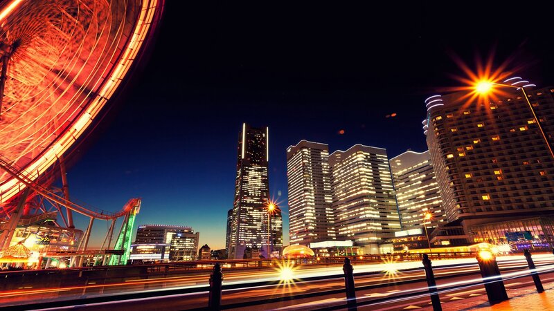 Nighttime City Skyline — Black, Dramatic, Night, Photograph, Skyscrapers, Ferris Wheel