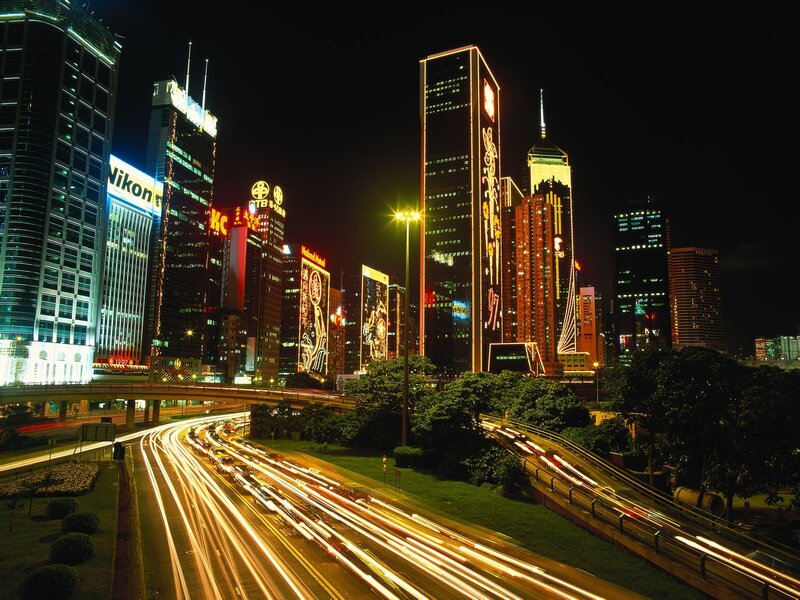 Nighttime City Skyline — Black, Dramatic, Night, Photograph, Skyscrapers, Highway, Light Trails