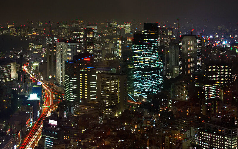Nighttime City Skyline — Black, Dramatic, Night, Photograph, Skyscrapers, Highway, Lights