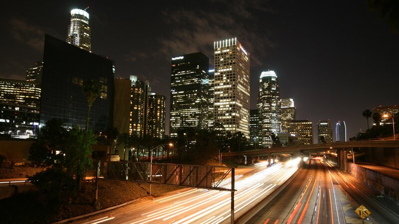 Nighttime City Skyline — Black, Dramatic, Night, Photograph, Skyscrapers, Highway, Traffic