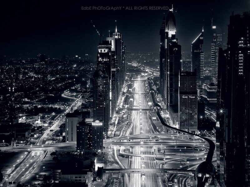 Nighttime City Skyline — Black, Dramatic, Night, Photograph, Skyscrapers, Highways, Traffic