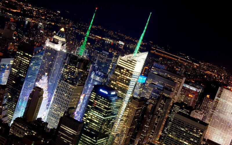 Nighttime City Skyline — Black, Dramatic, Night, Photograph, Skyscrapers, Lights, Bridge