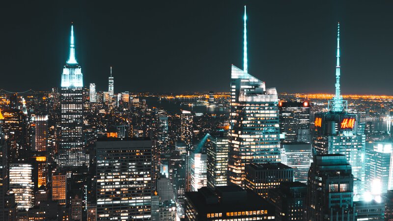 Nighttime City Skyline — Black, Dramatic, Night, Photograph, Skyscrapers, Lights, River, Bridge