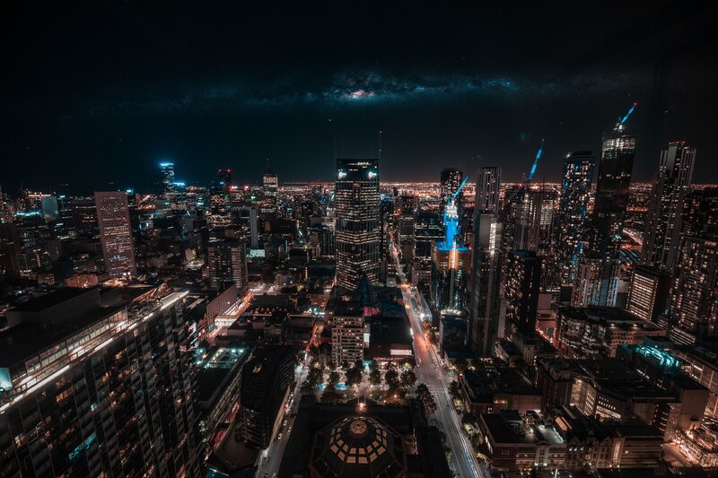 Nighttime City Skyline — Black, Dramatic, Night, Photograph, Skyscrapers, Milky Way