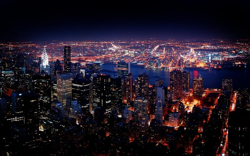 Nighttime City Skyline — Black, Dramatic, Night, Photograph, Skyscrapers, River, Bridges