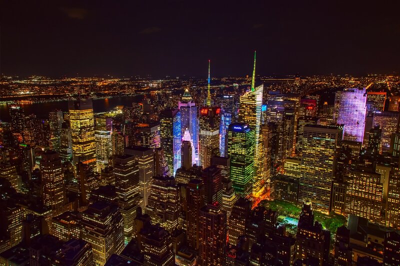 Nighttime City Skyline — Black, Dramatic, Night, Photograph, Skyscrapers, River, Lights, Bridge