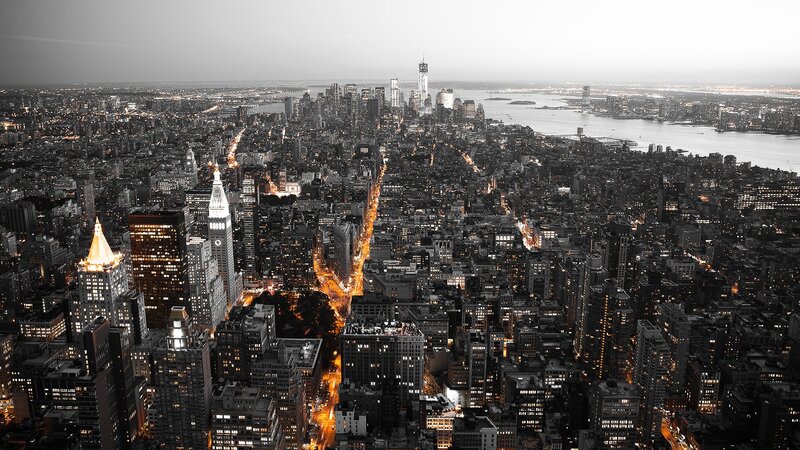Nighttime City Skyline — Black, Dramatic, Night, Photograph, Skyscrapers, River, Streets