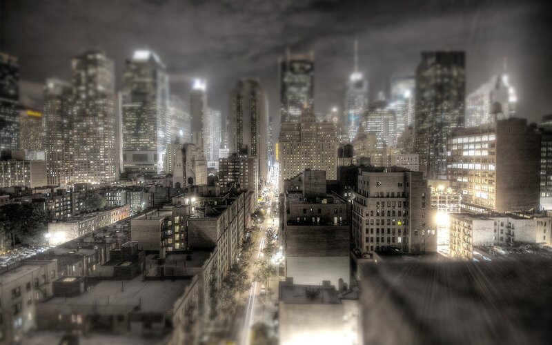 Nighttime City Skyline — Black, Dramatic, Night, Photograph, Skyscrapers, Streets, Lights