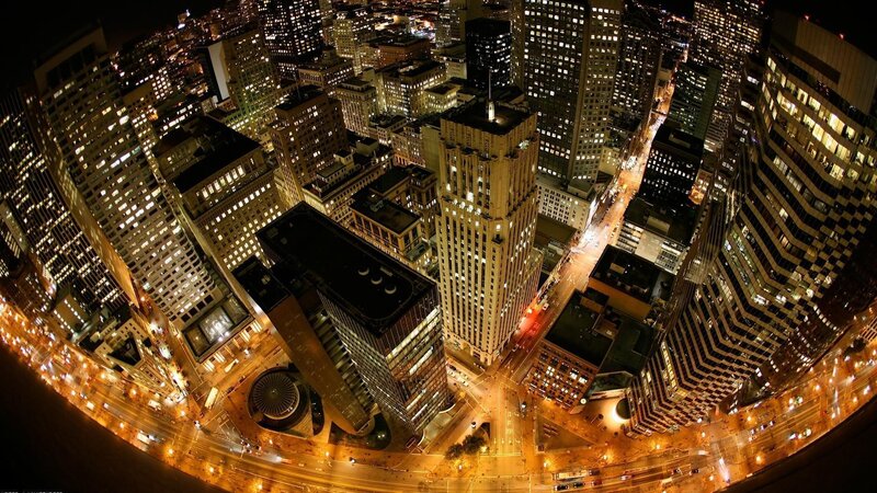 Nighttime City Skyline — Black, Dramatic, Night, Photograph, Skyscrapers, Streets, Lights, Yellow, White