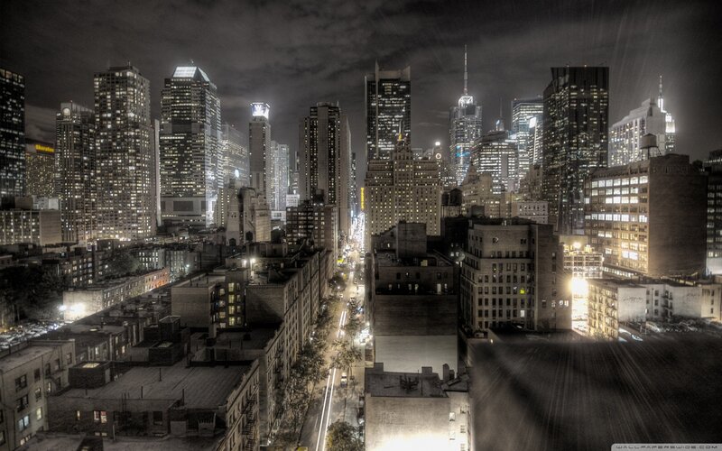Nighttime City Skyline — Black, Dramatic, Night, Photograph, Skyscrapers, Streets