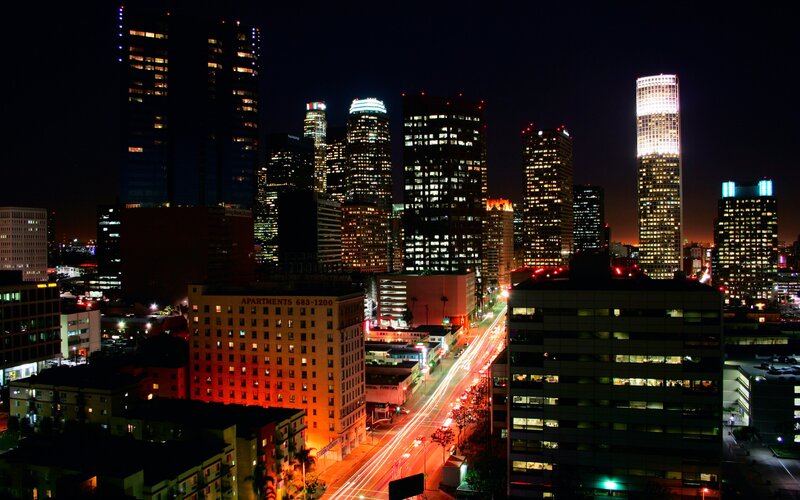 Nighttime City Skyline — Black, Dramatic, Night, Photograph, Skyscrapers, Traffic, Apartment Building