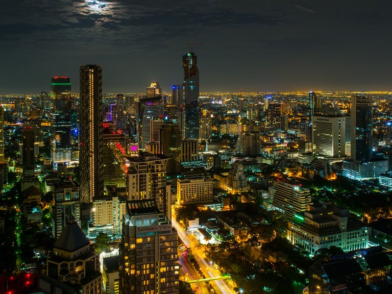 Nighttime City Skyline — Black, Dramatic, Night, Photograph, Skyscrapers, Traffic Lights