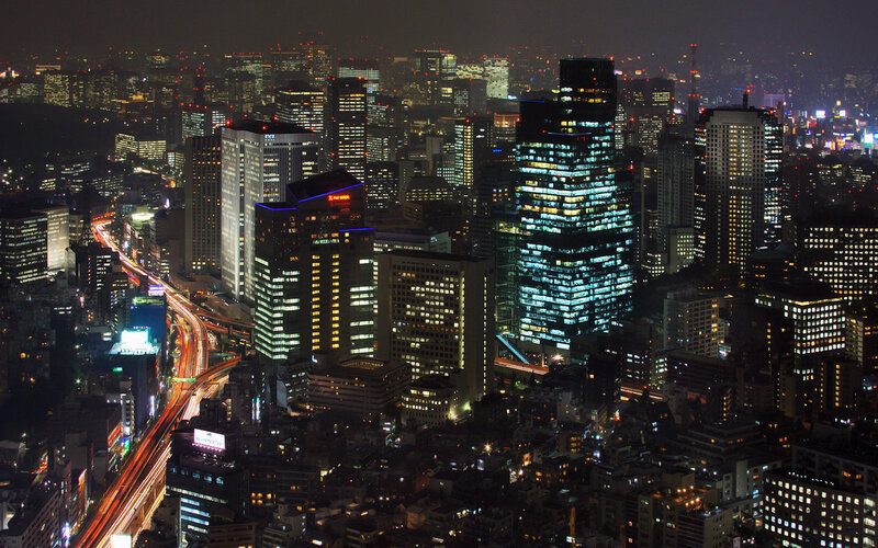 Nighttime City Skyline — Black, Dramatic, Night, Photograph, Skyscrapers, Traffic
