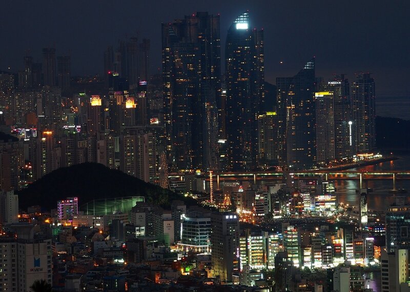 Nighttime City Skyline — Black, Urban, Night, Photograph, Skyscrapers, River