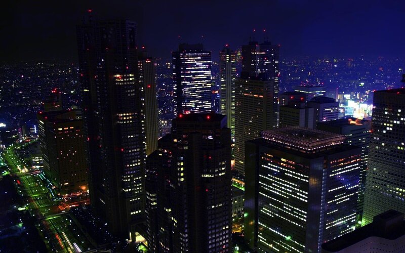 Nighttime City Skyline — Blue, Dark, Night, Photograph, Skyscrapers, City Lights