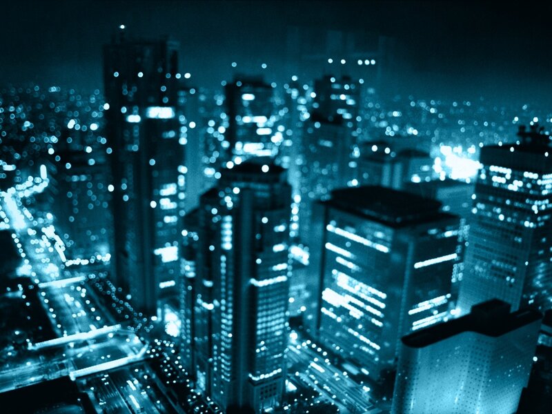 Nighttime City Skyline — Blue, Dark, Night, Photograph, Skyscrapers, Lights