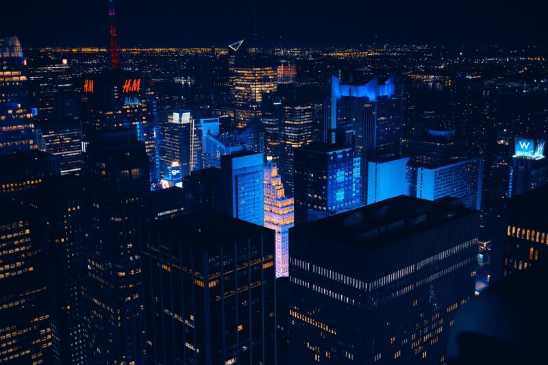Nighttime City Skyline — Blue, Dark, Night, Photograph, Skyscrapers