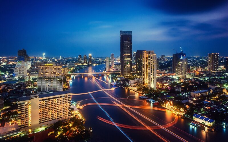 Nighttime City Skyline — Blue, Dramatic, Night, Photograph, River