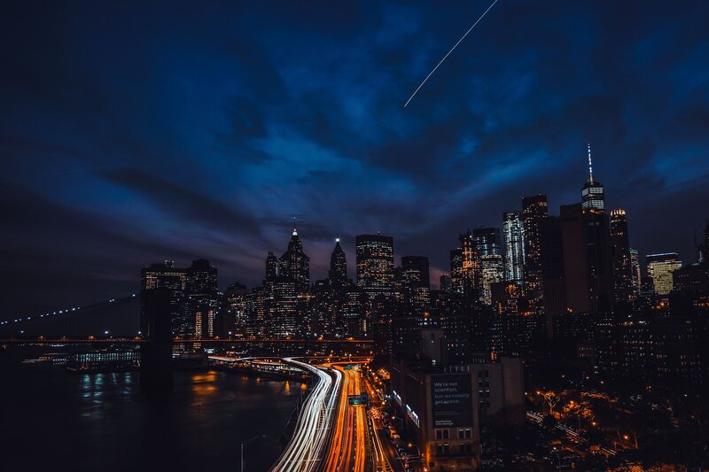 Nighttime City Skyline — Blue, Dramatic, Night, Photograph, Skyscraper, Bridge