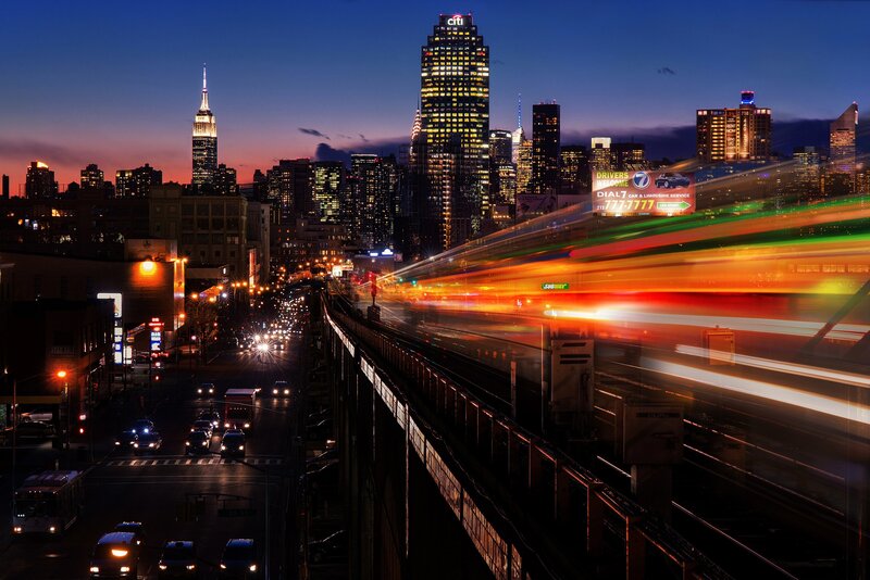 Nighttime City Skyline — Blue, Dramatic, Night, Photograph, Skyscraper, Train Tracks