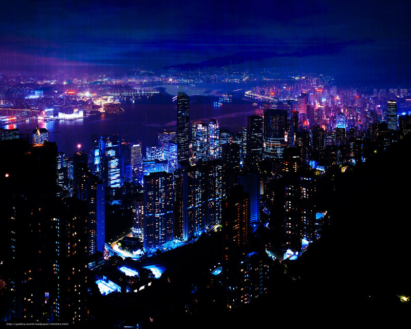 Nighttime City Skyline — Blue, Dramatic, Night, Photograph, Skyscrapers, Bay, Lights
