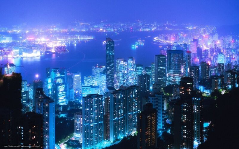 Nighttime City Skyline — Blue, Dramatic, Night, Photograph, Skyscrapers, Bay
