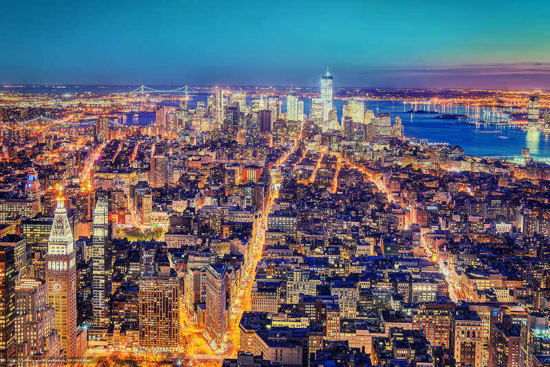 Nighttime City Skyline — Blue, Dramatic, Night, Photograph, Skyscrapers, Bridges, River