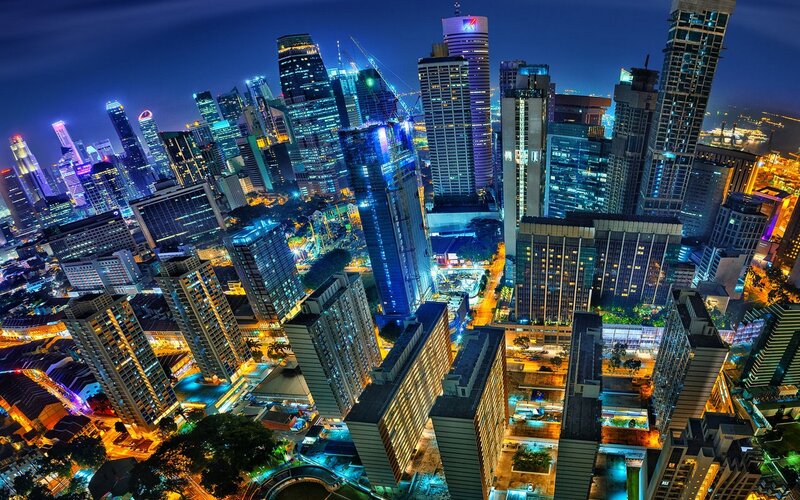 Nighttime City Skyline — Blue, Dramatic, Night, Photograph, Skyscrapers, Buildings