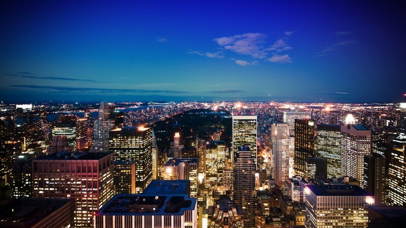 Nighttime City Skyline — Blue, Dramatic, Night, Photograph, Skyscrapers, Central Park, Bridge, Lights