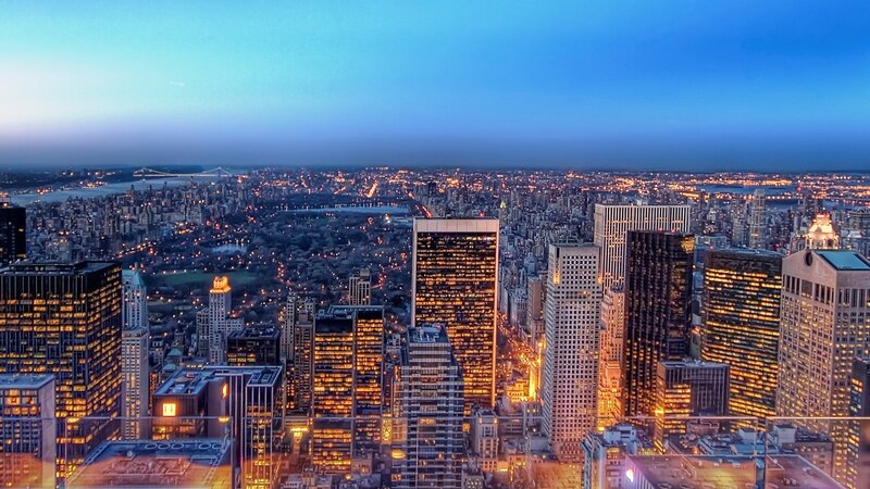 Nighttime City Skyline — Blue, Dramatic, Night, Photograph, Skyscrapers, Central Park, Bridge