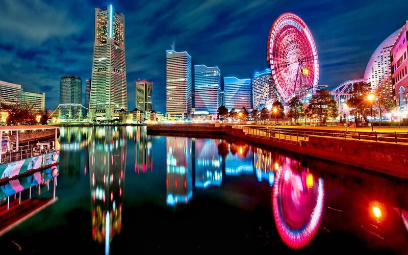 Nighttime City Skyline — Blue, Dramatic, Night, Photograph, Skyscrapers, Ferris Wheel