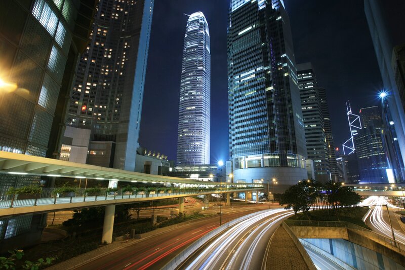 Nighttime City Skyline — Blue, Dramatic, Night, Photograph, Skyscrapers, Highway, Pedestrian Bridge, Black, White
