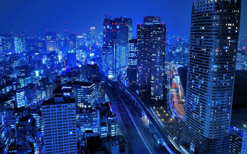 Nighttime City Skyline — Blue, Dramatic, Night, Photograph, Skyscrapers, Highway