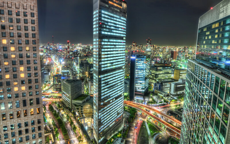 Nighttime City Skyline — Blue, Dramatic, Night, Photograph, Skyscrapers, Highways, Lights, Black