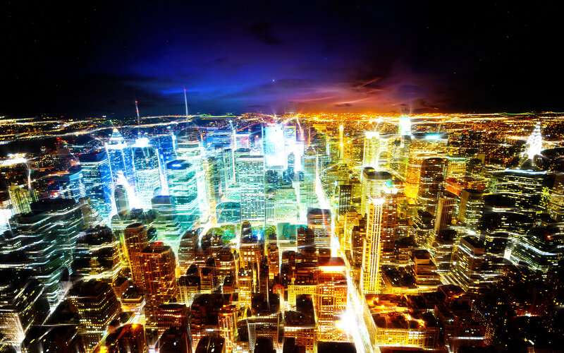 Nighttime City Skyline — Blue, Dramatic, Night, Photograph, Skyscrapers, Lights, Highway