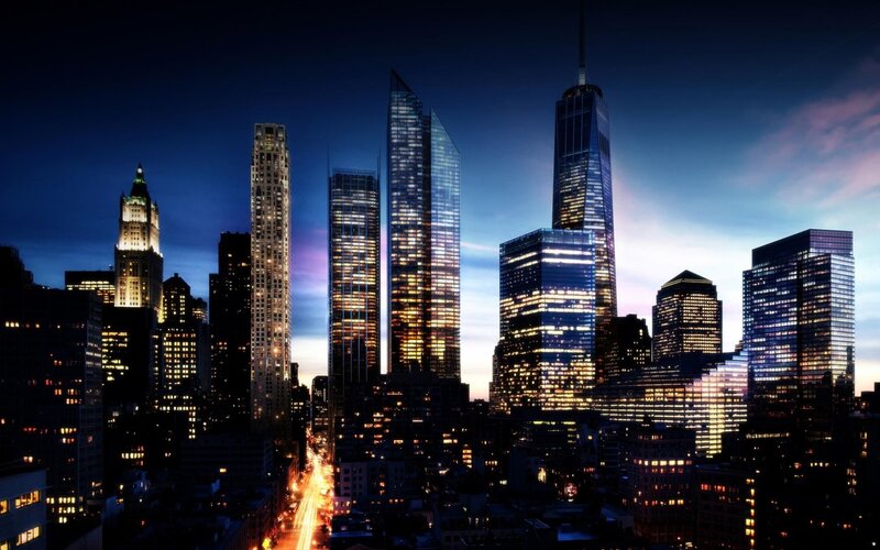 Nighttime City Skyline — Blue, Dramatic, Night, Photograph, Skyscrapers, Lights, Sky, Black