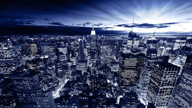 Nighttime City Skyline — Blue, Dramatic, Night, Photograph, Skyscrapers, Lights, Sky