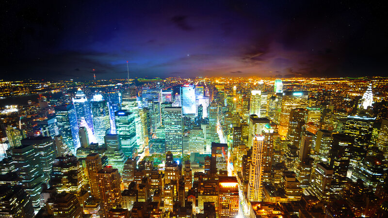 Nighttime City Skyline — Blue, Dramatic, Night, Photograph, Skyscrapers, Lights, Sky, Yellow