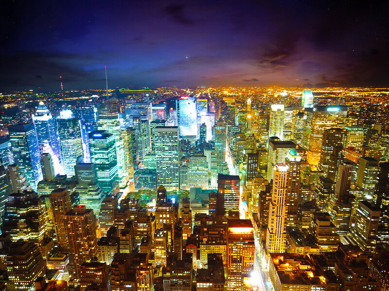 Nighttime City Skyline — Blue, Dramatic, Night, Photograph, Skyscrapers, Lights, Streets