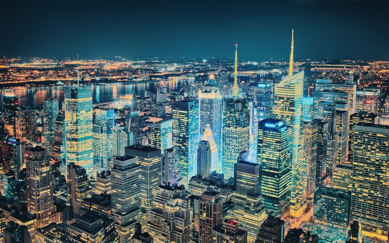 Nighttime City Skyline — Blue, Dramatic, Night, Photograph, Skyscrapers, River, Bridge