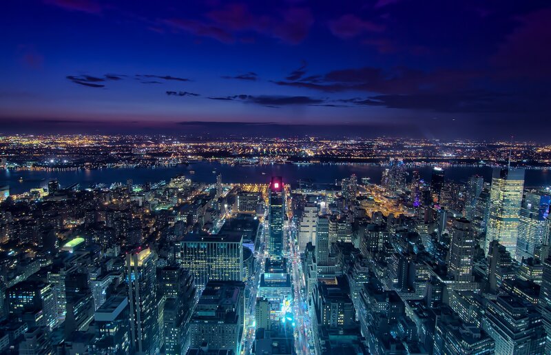 Nighttime City Skyline — Blue, Dramatic, Night, Photograph, Skyscrapers, River, Lights, Black