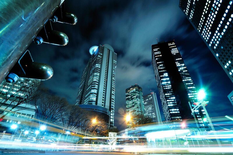 Nighttime City Skyline — Blue, Dramatic, Night, Photograph, Skyscrapers, Traffic Lights, Light Trails