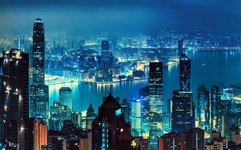 Nighttime City Skyline — Blue, Dramatic, Night, Photograph, Skyscrapers, Water
