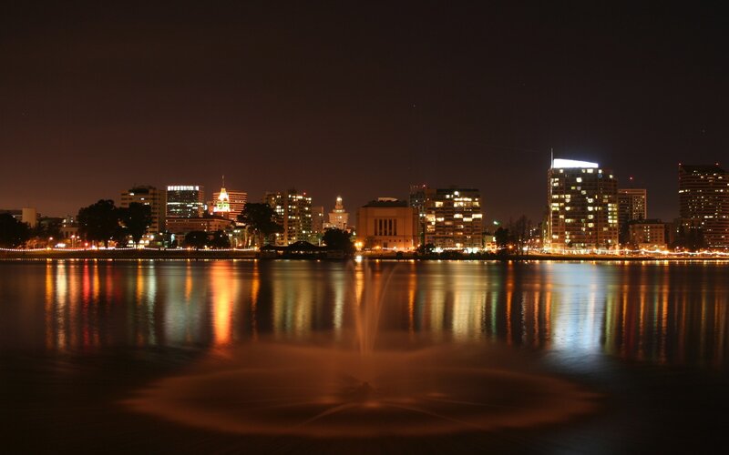 nighttime city skyline by the water