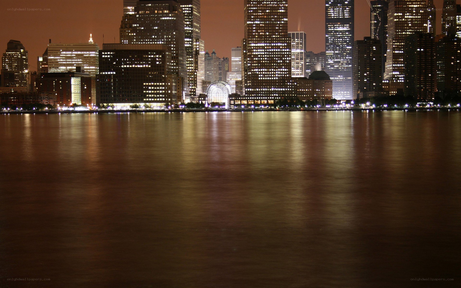 nighttime city skyline by water