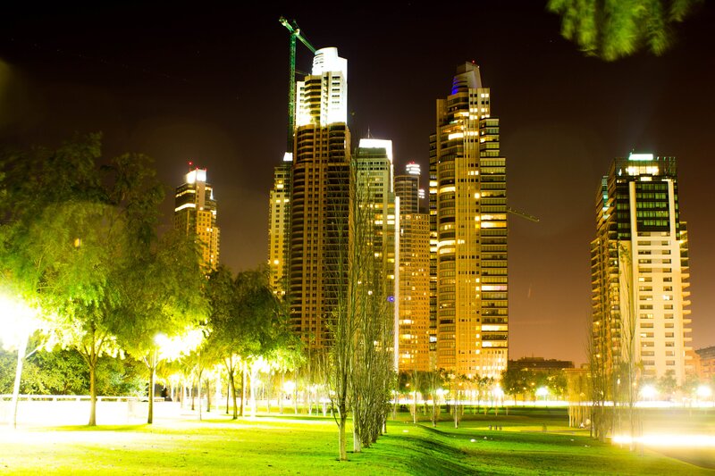 Nighttime City Skyline — Green, Calm