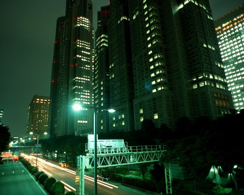 Nighttime City Skyline — Green, Dark, Night