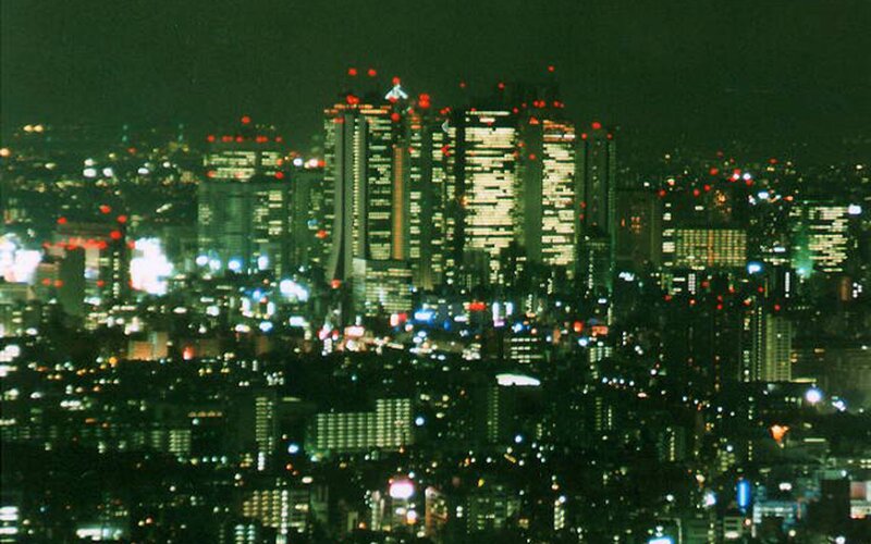 Nighttime City Skyline — Green, Dark
